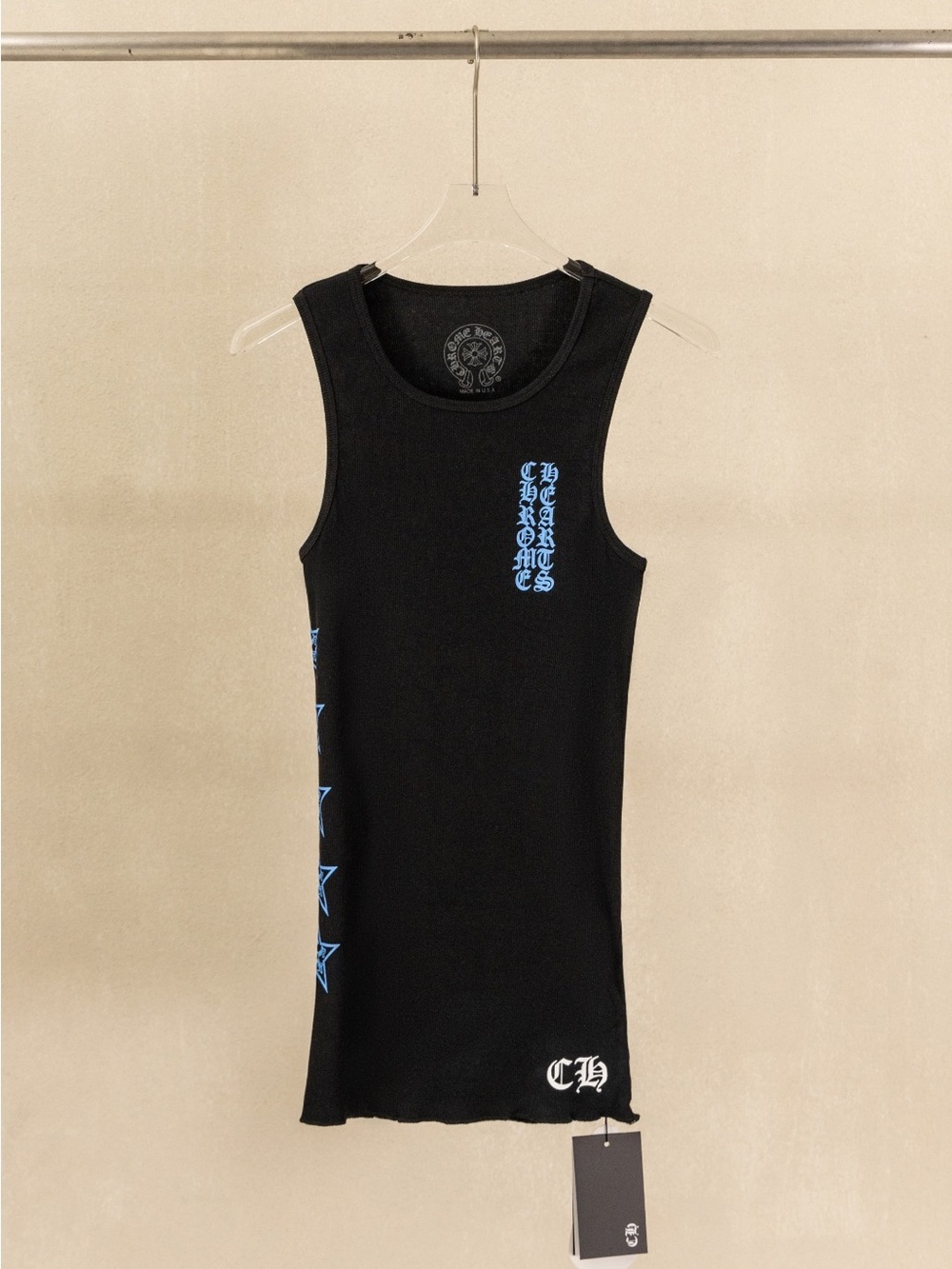 Chrome Hearts Black Tank with Blue Script and Star Accents